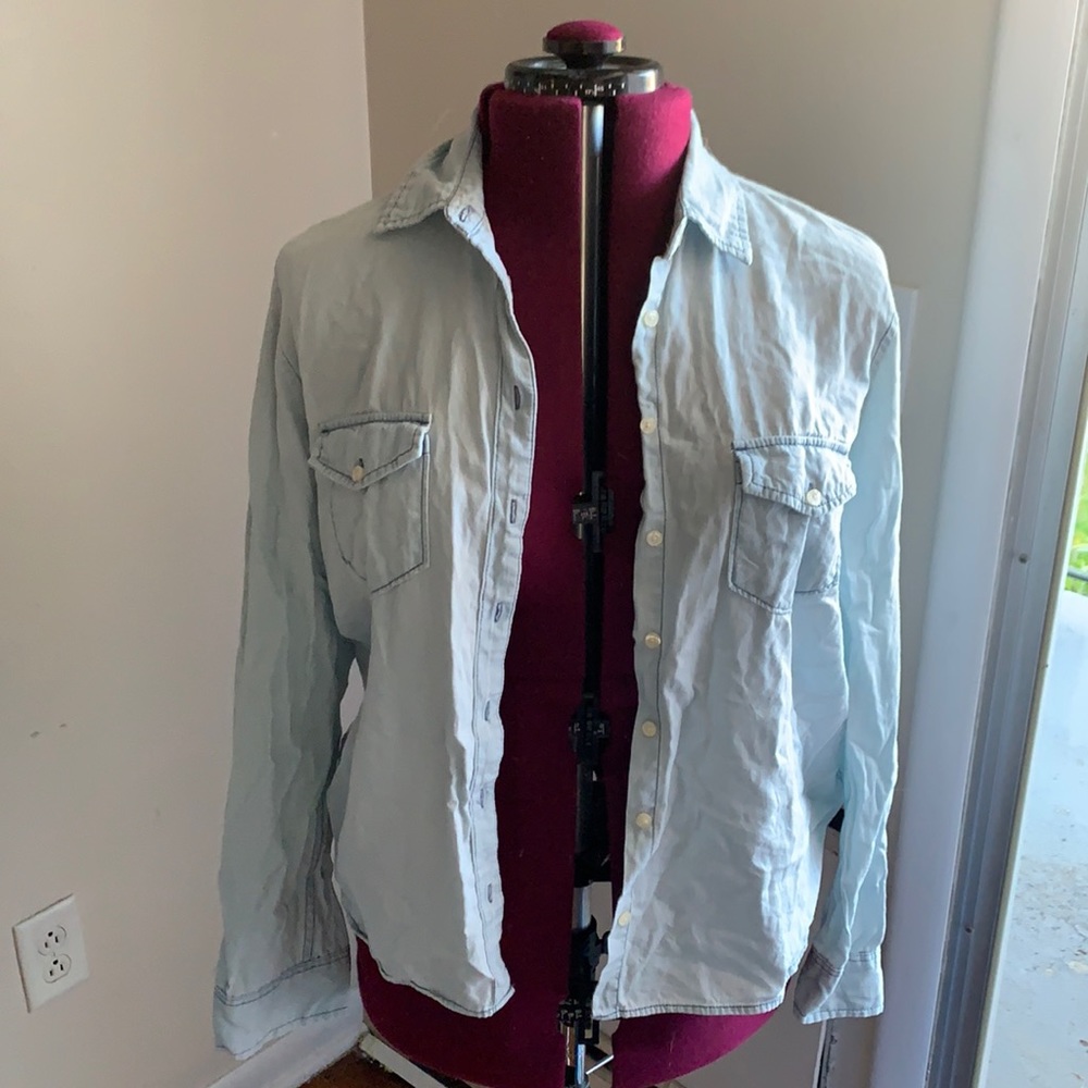 L faux denim button down